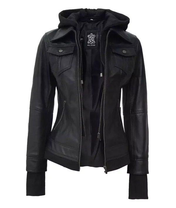 The Céleste: Womens Black Bomber Leather Jacket with Removable Hood - Image 2