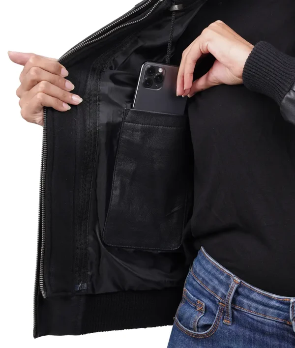 Women's Black Leather Bomber Jacket with Removable Hood - Image 6