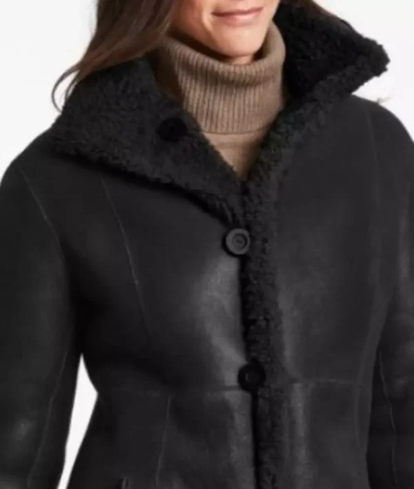 Women's Black Leather Shearling Coat - Premium Winter Coat - Image 2