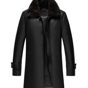 Men's Premium Black Leather 3/4 Length Coat with Shearling Collar