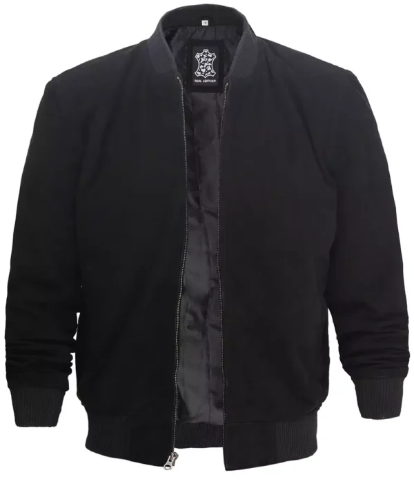 Men's Premium Black Suede Leather Bomber Jacket - Image 2