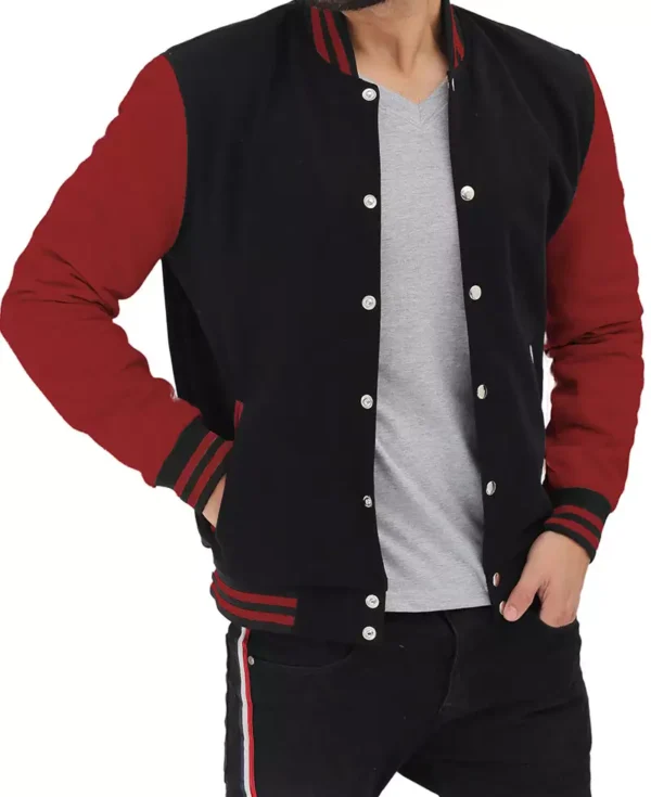Men's Black and Maroon Varsity Letterman Jacket - Image 2