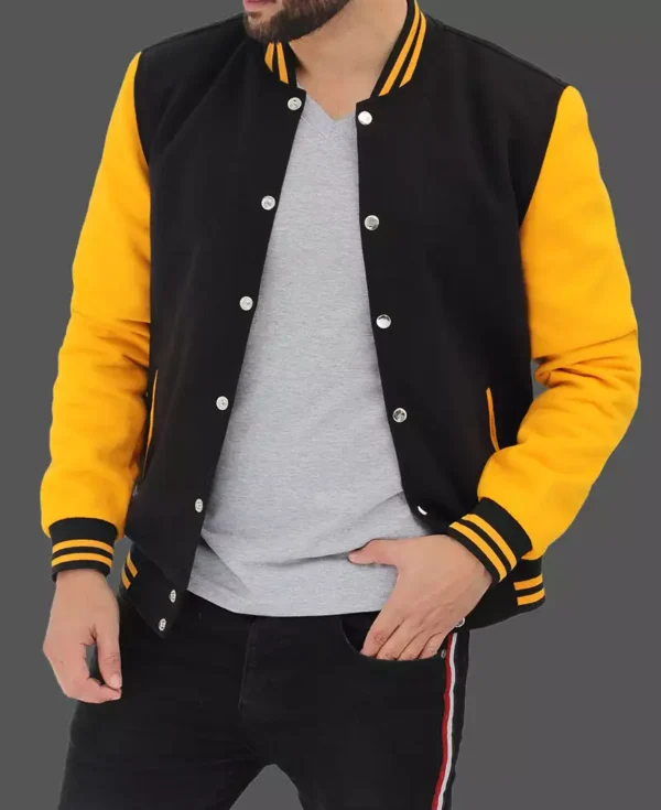 Mens Black and Yellow Letterman Jacket - Classic Varsity Style - Image 3