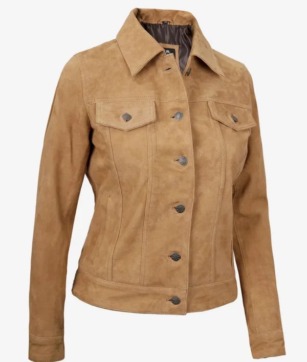 Womens Light Brown Suede Leather Trucker Jacket - Image 3