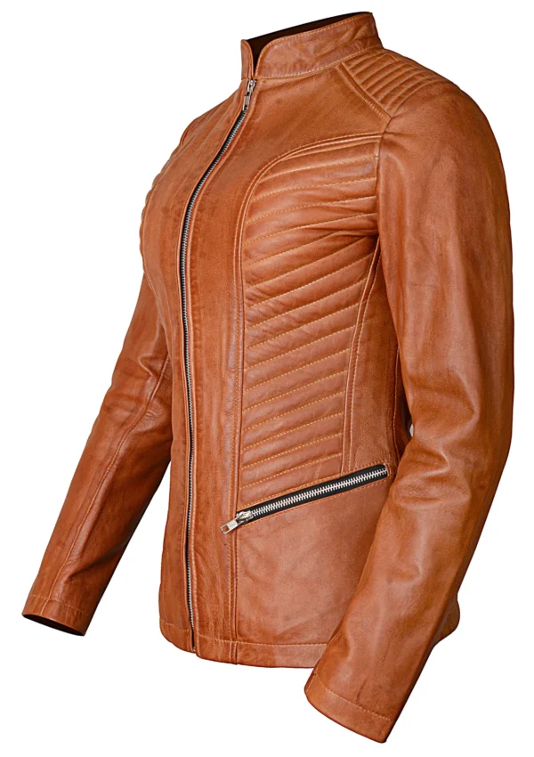 Women’s Biker Style Casual Brown Leather Jacket - Image 3