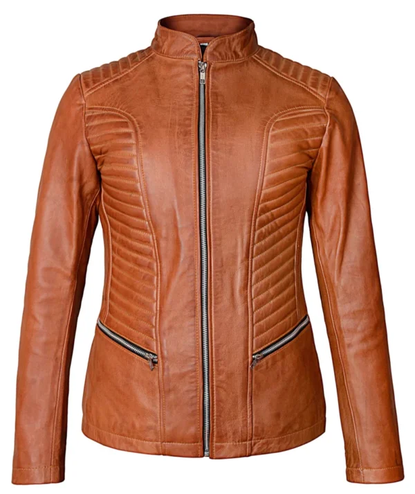 Women’s Biker Style Casual Brown Leather Jacket - Image 2