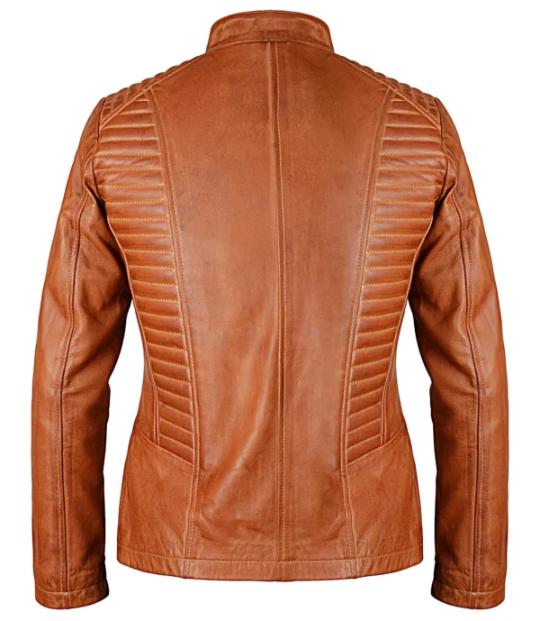 Women’s Biker Style Casual Brown Leather Jacket - Image 4