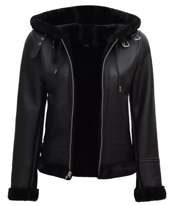Grace Womens Black Leather Hooded Shearling Jacket - Image 3