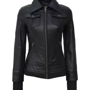 The Céleste: Womens Black Bomber Leather Jacket with Removable Hood