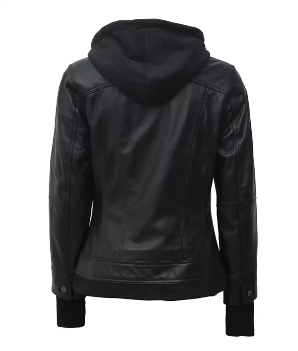 The Céleste: Womens Black Bomber Leather Jacket with Removable Hood - Image 7