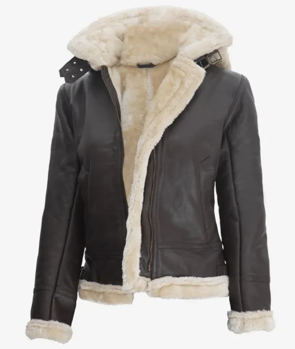 Womens Dark Brown Hooded Shearling Leather Jacket - Image 3