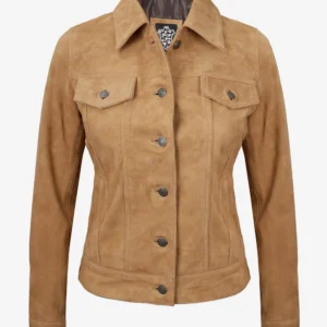 Womens Light Brown Suede Leather Trucker Jacket