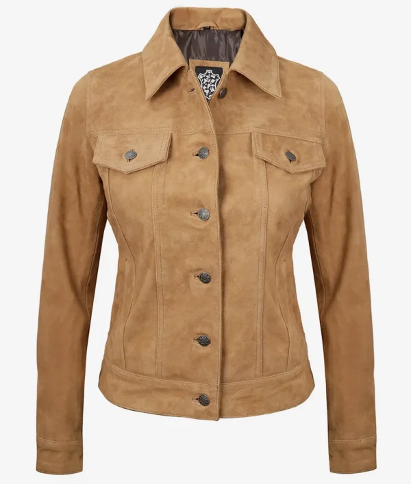 Womens Light Brown Suede Leather Trucker Jacket