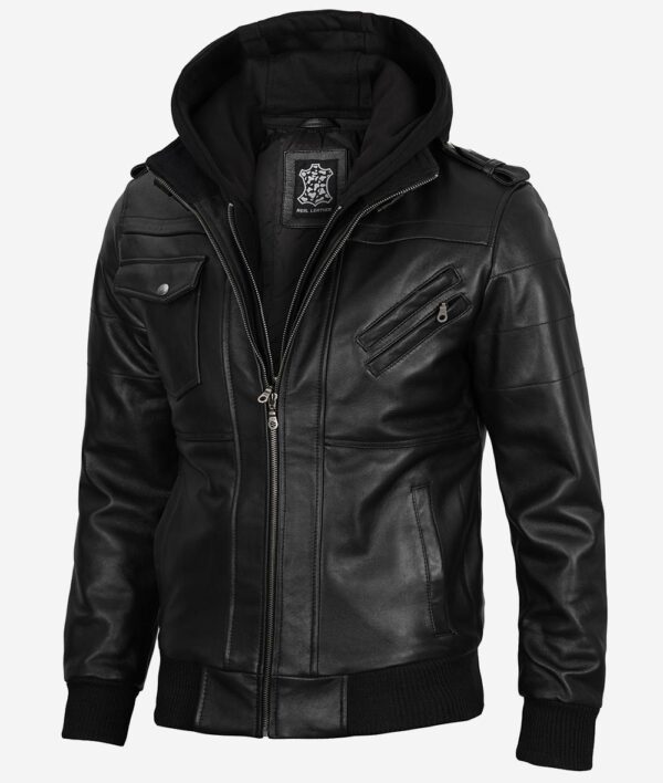 Mens Black Real Leather Bomber Jacket with Removable Hood - Image 2
