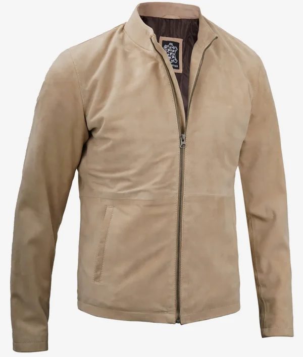 Mens Suede Leather Jacket With Mandarin Collar - Image 4