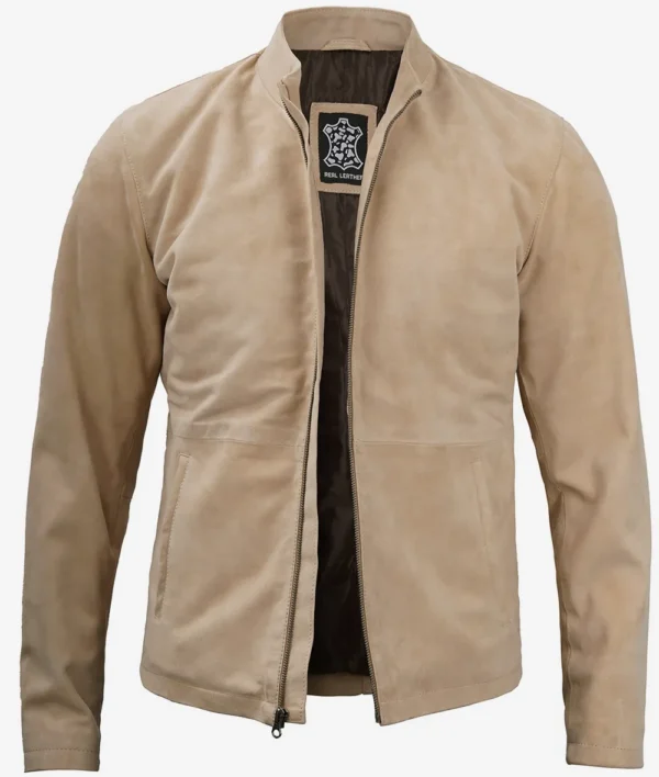 Mens Suede Leather Jacket With Mandarin Collar - Image 3