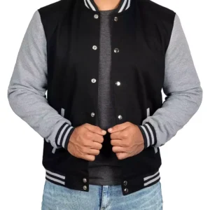 Men's Black Baseball Varsity Jacket with Grey Sleeves - Bomber Style