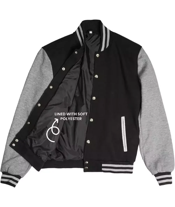 Men's Black Baseball Varsity Jacket with Grey Sleeves - Bomber Style - Image 3