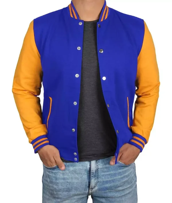 Mens Royal Blue Baseball Jacket with Yellow Sleeves - Image 3
