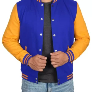 Mens Royal Blue Baseball Jacket with Yellow Sleeves