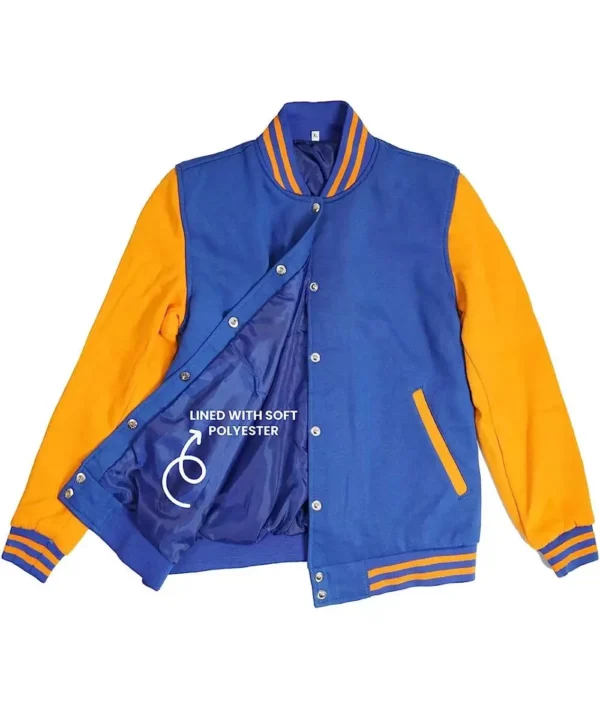 Mens Royal Blue Baseball Jacket with Yellow Sleeves - Image 4