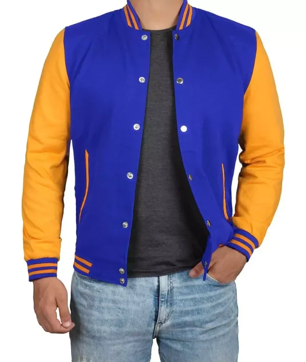 Mens Royal Blue Baseball Jacket with Yellow Sleeves - Image 2