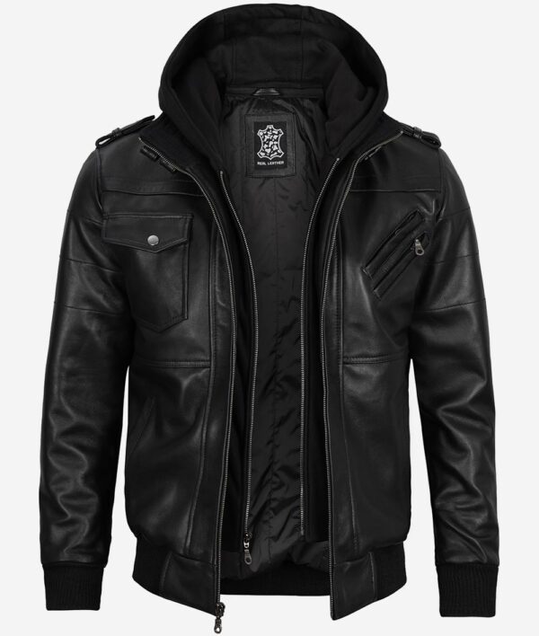 Mens Black Real Leather Bomber Jacket with Removable Hood - Image 3