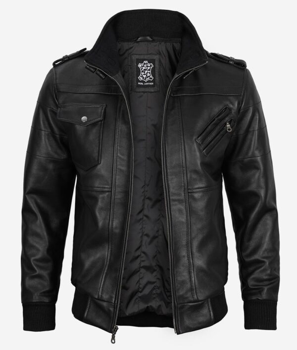 Mens Black Real Leather Bomber Jacket with Removable Hood - Image 4