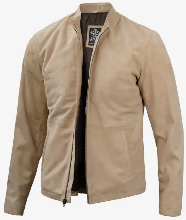 Mens Suede Leather Jacket With Mandarin Collar - Image 2