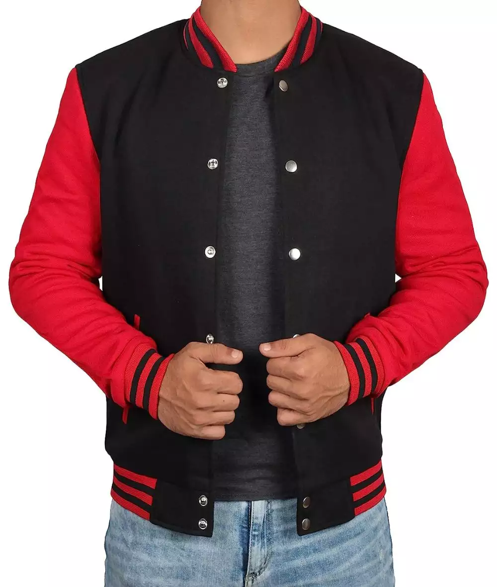 Men's Red and Black Varsity Jacket - Baseball Style Jacket - Image 2