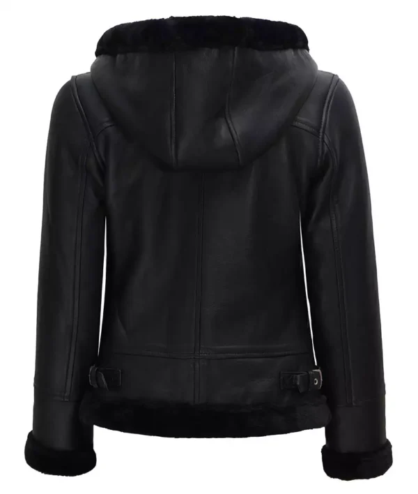 Grace Womens Black Leather Hooded Shearling Jacket - Image 4