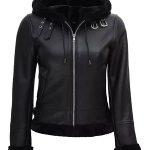 Grace Womens Black Leather Hooded Shearling Jacket