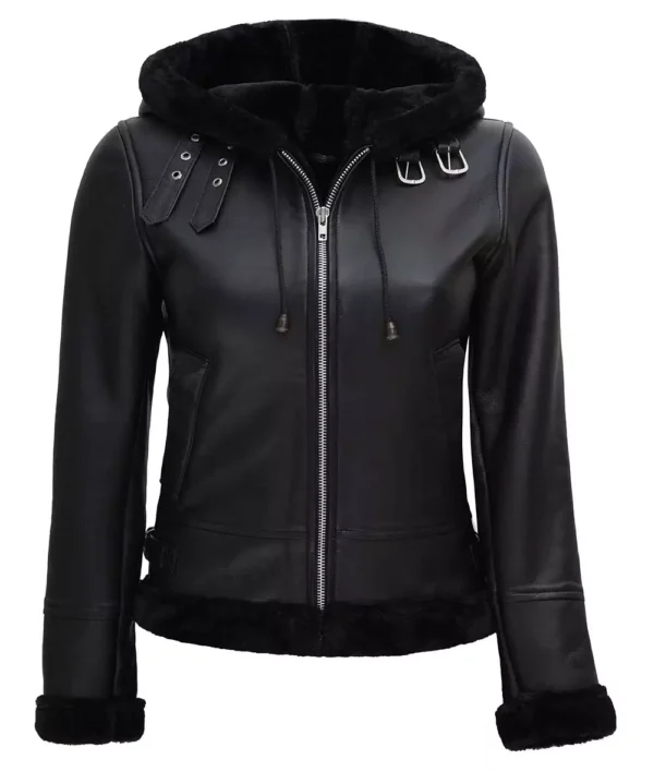 Grace Womens Black Leather Hooded Shearling Jacket