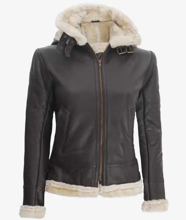 Womens Dark Brown Hooded Shearling Leather Jacket - Image 2