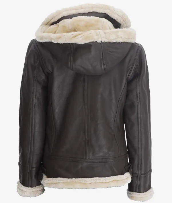 Womens Dark Brown Hooded Shearling Leather Jacket - Image 4