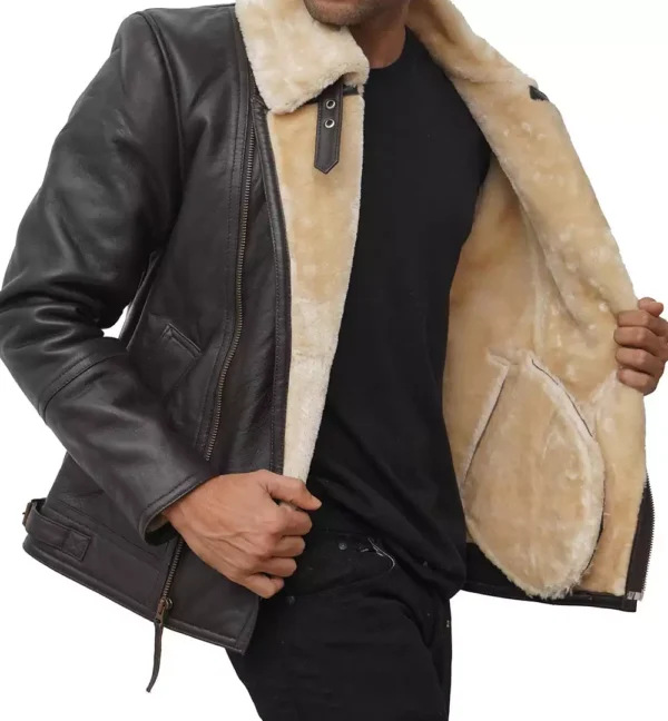 Men's Dark Brown Shearling Moto Leather Jacket - Image 4