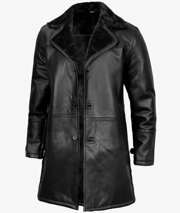 Black Three Quarter Shearling Leather Coat for Men - Image 3