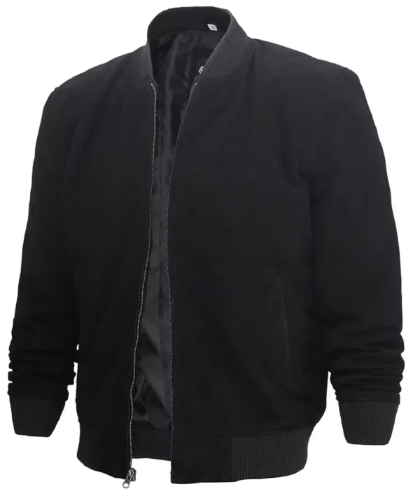 Men's Premium Black Suede Leather Bomber Jacket - Image 3