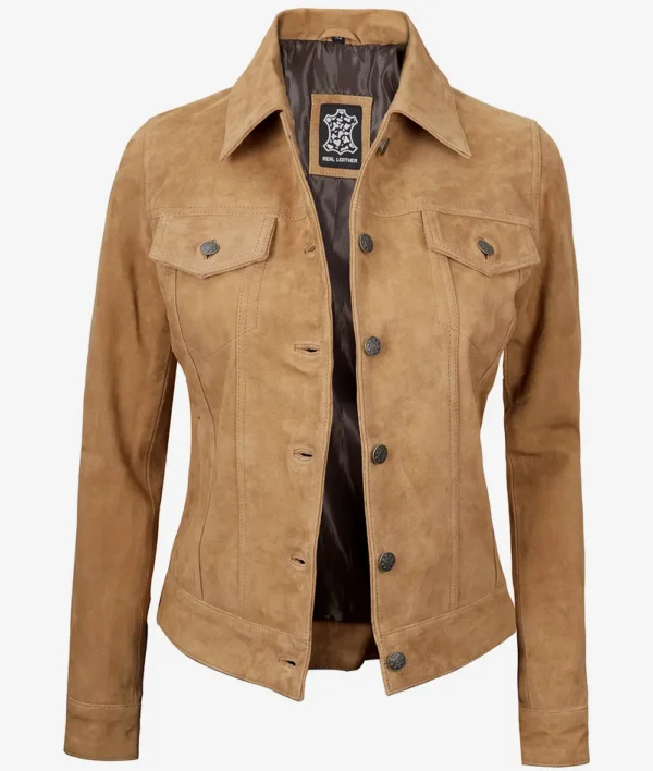 Womens Light Brown Suede Leather Trucker Jacket - Image 2