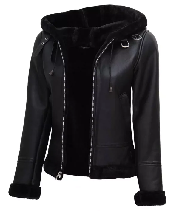 Grace Womens Black Leather Hooded Shearling Jacket - Image 2