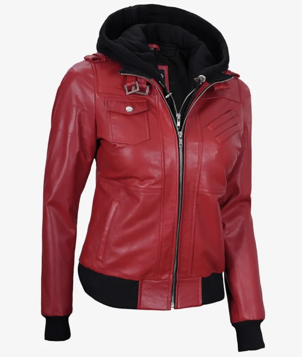 Womens Red Hooded Bomber Leather Jacket - Image 6
