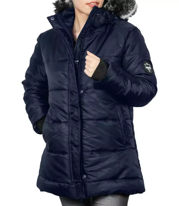 Ella Blue Women's Long Parka Puffer Jacket with Faux Fur Trim Hood - Image 2