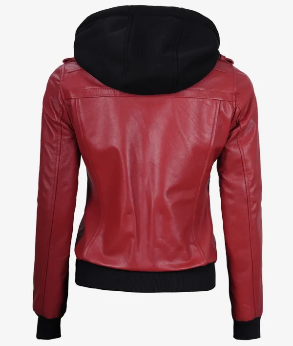 Womens Red Hooded Bomber Leather Jacket - Image 7