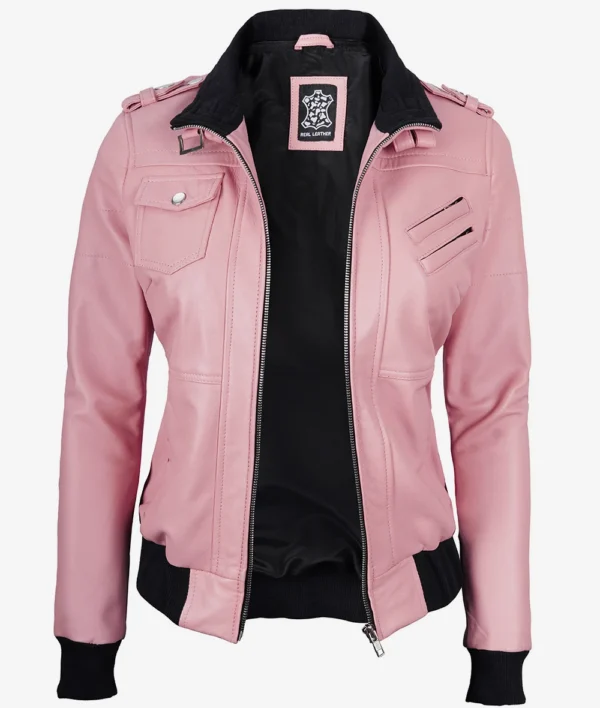 Womens Pink Hooded Bomber Leather Jacket - Image 3