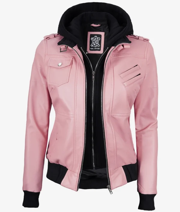 Womens Pink Hooded Bomber Leather Jacket - Image 4