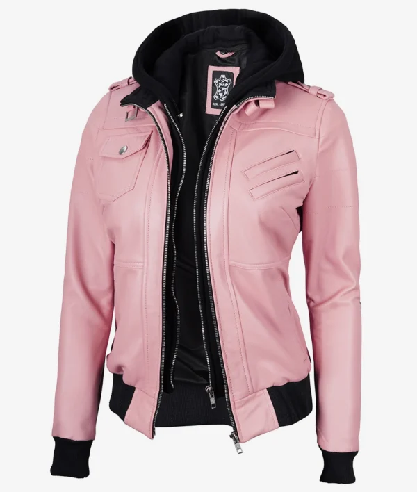 Womens Pink Hooded Bomber Leather Jacket - Image 5