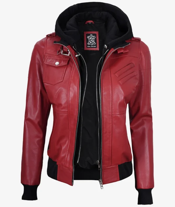 Womens Red Hooded Bomber Leather Jacket - Image 5