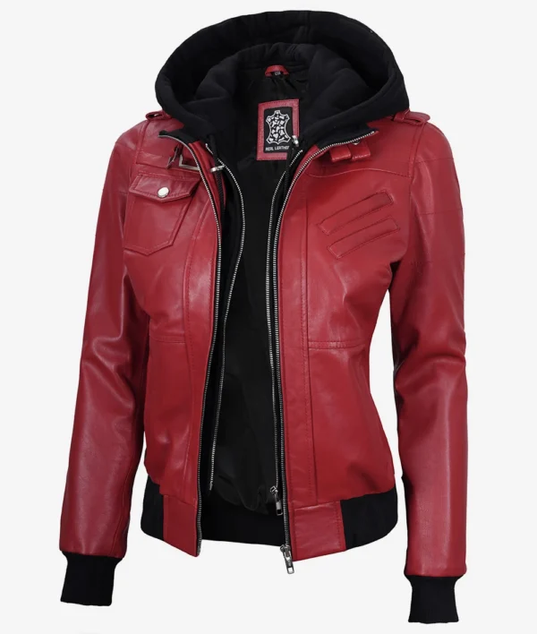 Womens Red Hooded Bomber Leather Jacket - Image 4