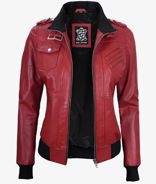 Womens Red Hooded Bomber Leather Jacket - Image 2