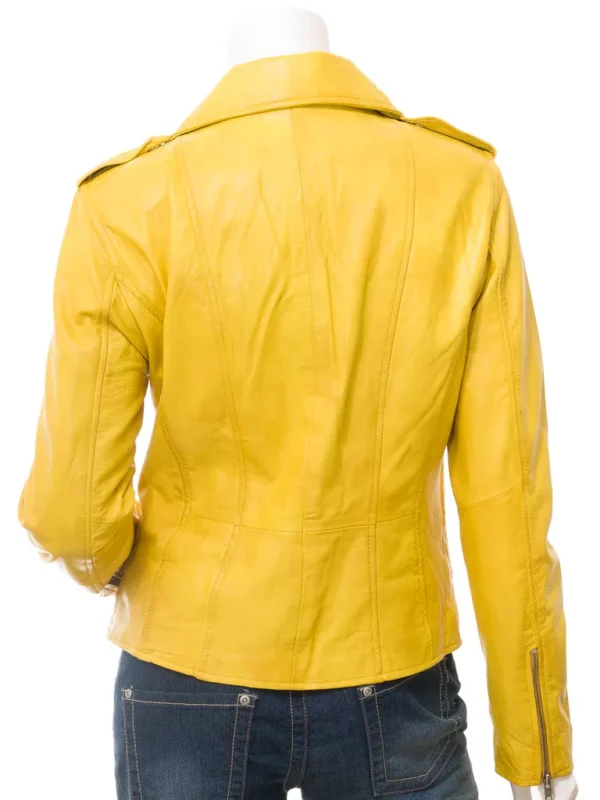 Womens Yellow Leather Biker Jacket - Image 4